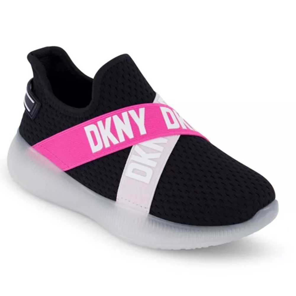 DKNY Landon Gabby Slip-On Sneakers Black Pink Girls US 4 UK 2.5 Stretch Logo